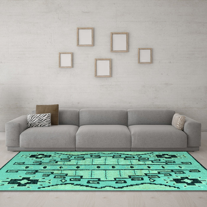 Machine Washable Abstract Turquoise Modern Area Rugs in a Living Room,, wshabs4534turq