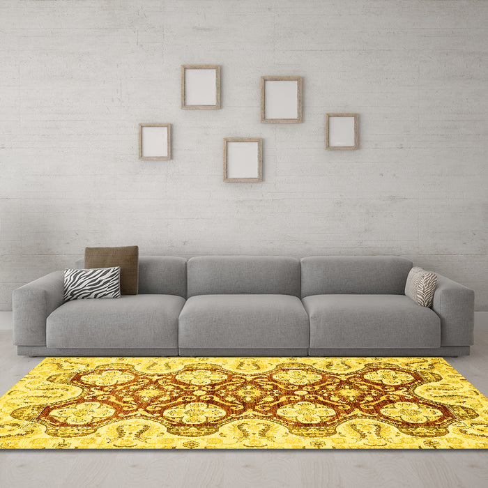 Machine Washable Oriental Yellow Traditional Rug in a Living Room, wshabs453yw