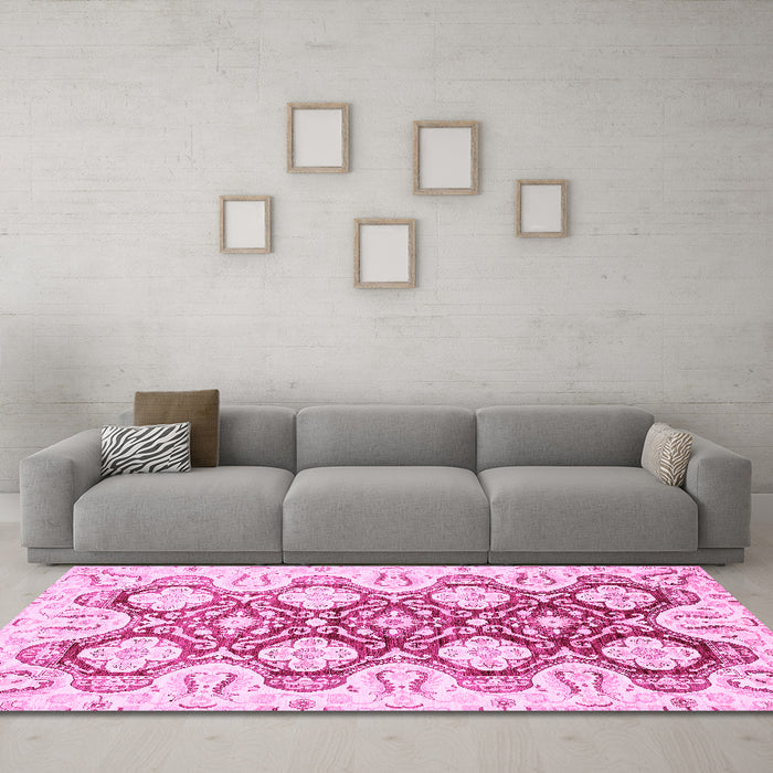 Machine Washable Oriental Pink Traditional Rug in a Living Room, wshabs453pnk