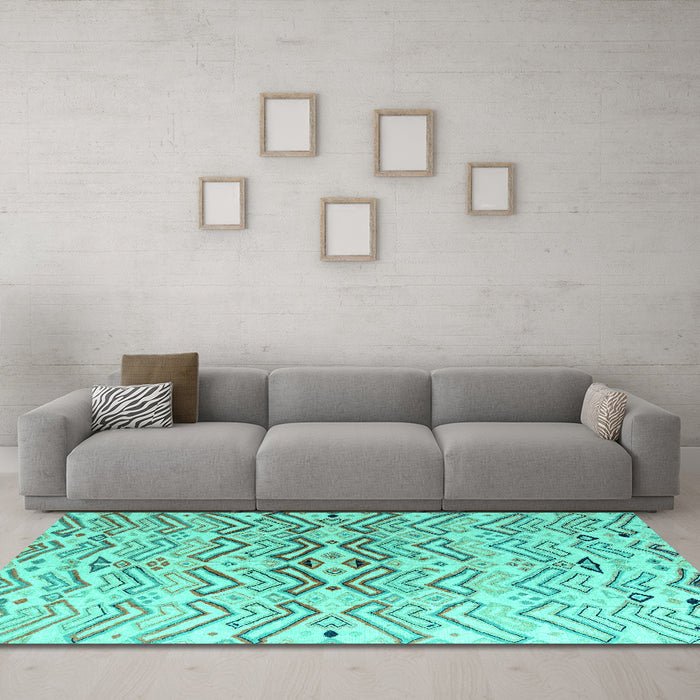 Machine Washable Abstract Turquoise Modern Area Rugs in a Living Room,, wshabs4543turq