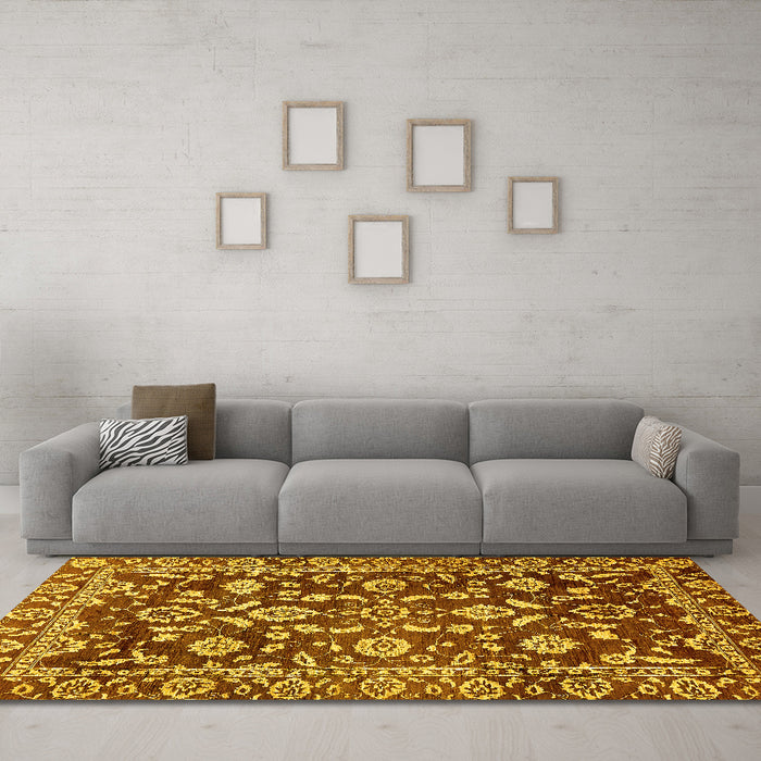 Machine Washable Oriental Yellow Traditional Rug in a Living Room, wshabs454yw