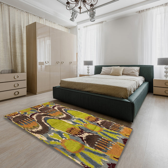 Abstract Metallic Gold Modern Rug in a Bedroom, abs4559