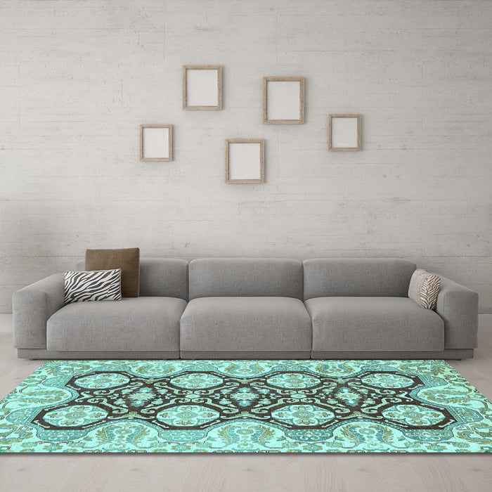 Machine Washable Oriental Light Blue Traditional Rug in a Living Room, wshabs455lblu