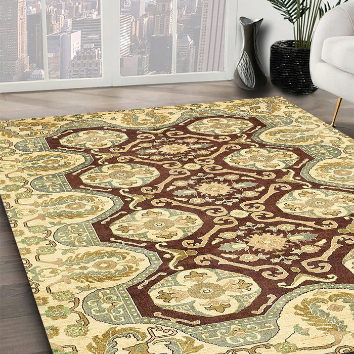 Abstract Mustard Yellow Oriental Rug in Family Room, abs455