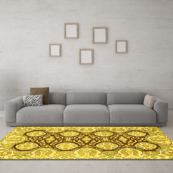 Machine Washable Oriental Yellow Traditional Rug in a Living Room, wshabs455yw