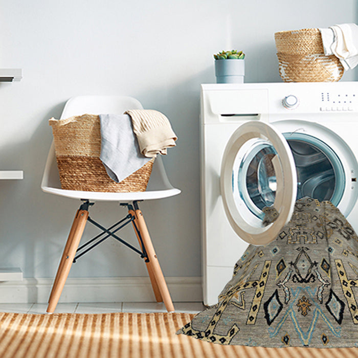 Machine Washable Abstract Dark Khaki Green Rug in a Washing Machine, wshabs4560