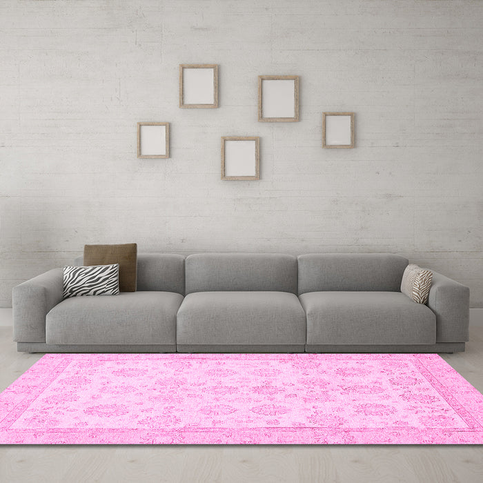 Machine Washable Oriental Pink Traditional Rug in a Living Room, wshabs456pnk