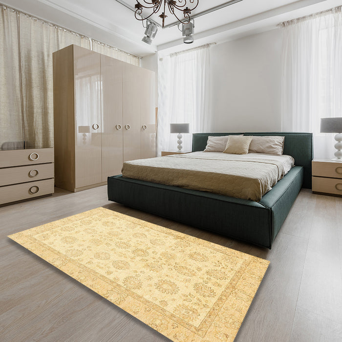 Abstract Mustard Yellow Oriental Rug in a Bedroom, abs456