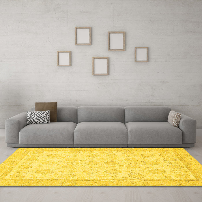 Machine Washable Oriental Yellow Traditional Rug in a Living Room, wshabs456yw