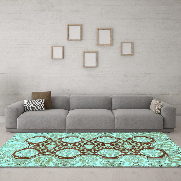 Machine Washable Oriental Light Blue Traditional Rug in a Living Room, wshabs457lblu