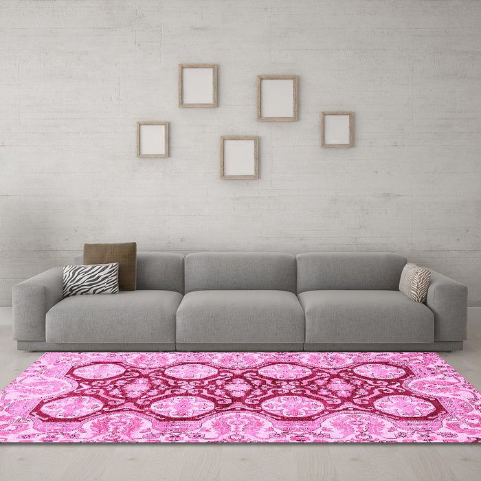 Machine Washable Oriental Pink Traditional Rug in a Living Room, wshabs457pnk