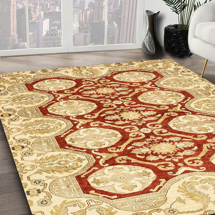 Abstract Mustard Yellow Oriental Rug in Family Room, abs457