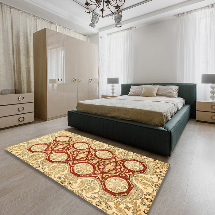 Machine Washable Abstract Mustard Yellow Rug in a Bedroom, wshabs457