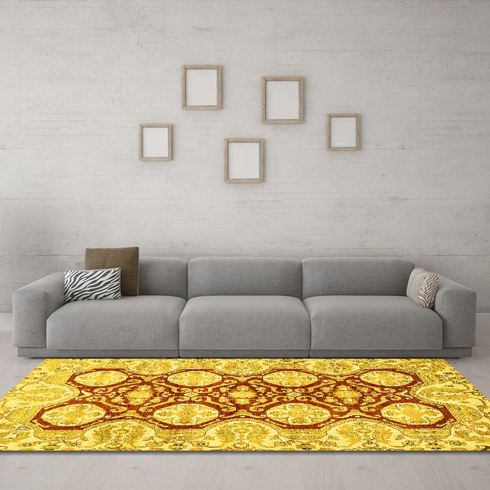 Machine Washable Oriental Yellow Traditional Rug in a Living Room, wshabs457yw