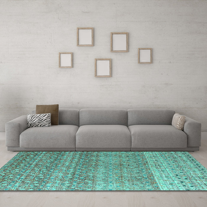 Machine Washable Abstract Turquoise Modern Area Rugs in a Living Room,, wshabs4589turq