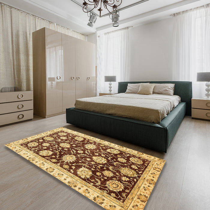 Machine Washable Abstract Chrome Gold Yellow Rug in a Bedroom, wshabs458