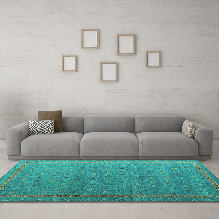 Machine Washable Abstract Turquoise Modern Area Rugs in a Living Room,, wshabs4591turq
