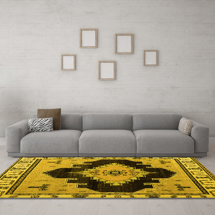 Machine Washable Abstract Yellow Modern Rug in a Living Room, wshabs4592yw