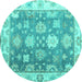 Round Machine Washable Oriental Turquoise Traditional Area Rugs, wshabs4597turq