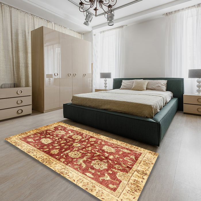 Abstract Chrome Gold Yellow Oriental Rug in a Bedroom, abs459