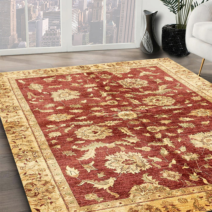 Abstract Chrome Gold Yellow Oriental Rug in Family Room, abs459