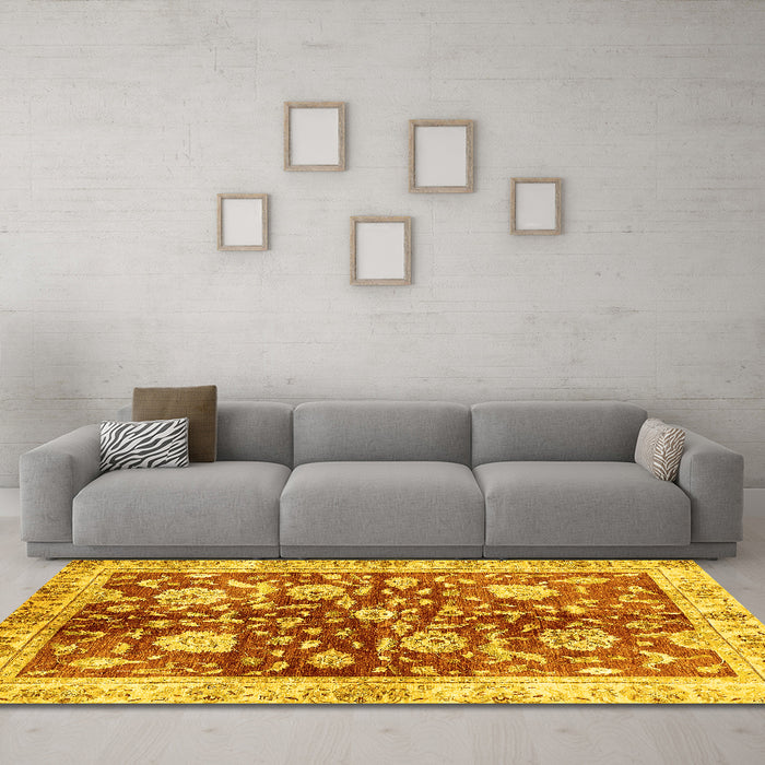 Machine Washable Oriental Yellow Traditional Rug in a Living Room, wshabs459yw