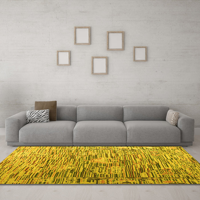 Machine Washable Abstract Yellow Modern Rug in a Living Room, wshabs4600yw