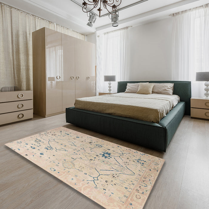 Abstract Pastel Orange Oriental Rug in a Bedroom, abs4604