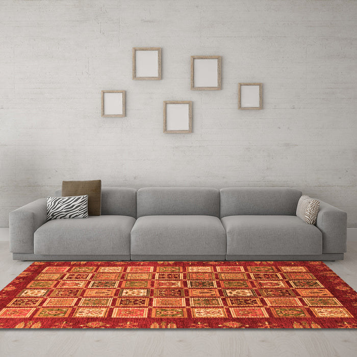 Machine Washable Abstract Orange Modern Area Rugs in a Living Room, wshabs461org