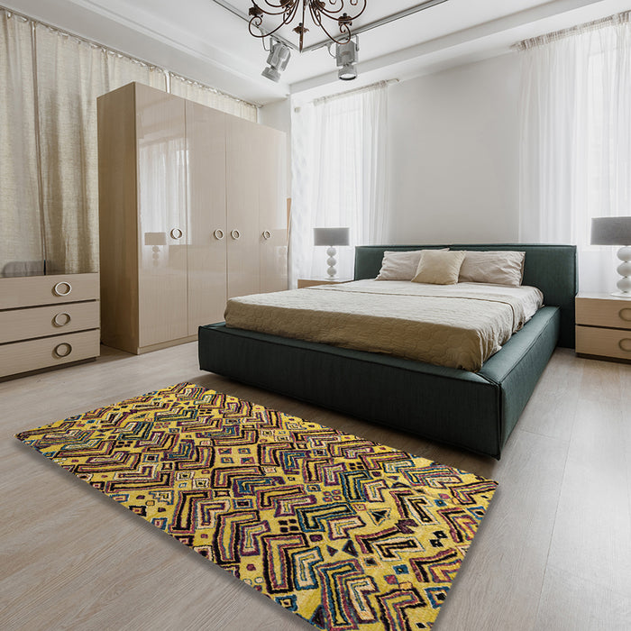 Machine Washable Abstract Yellow Rug in a Bedroom, wshabs4628