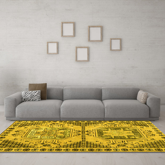 Machine Washable Abstract Yellow Modern Rug in a Living Room, wshabs4632yw