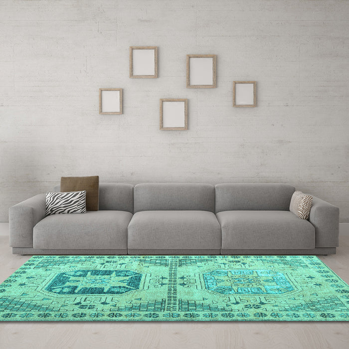 Machine Washable Abstract Turquoise Modern Area Rugs in a Living Room,, wshabs4634turq