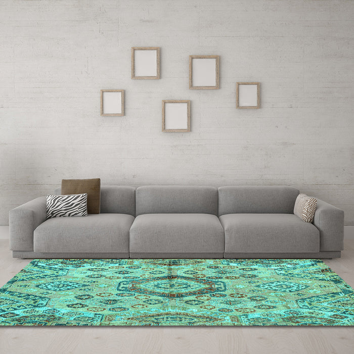 Machine Washable Abstract Turquoise Modern Area Rugs in a Living Room,, wshabs4637turq