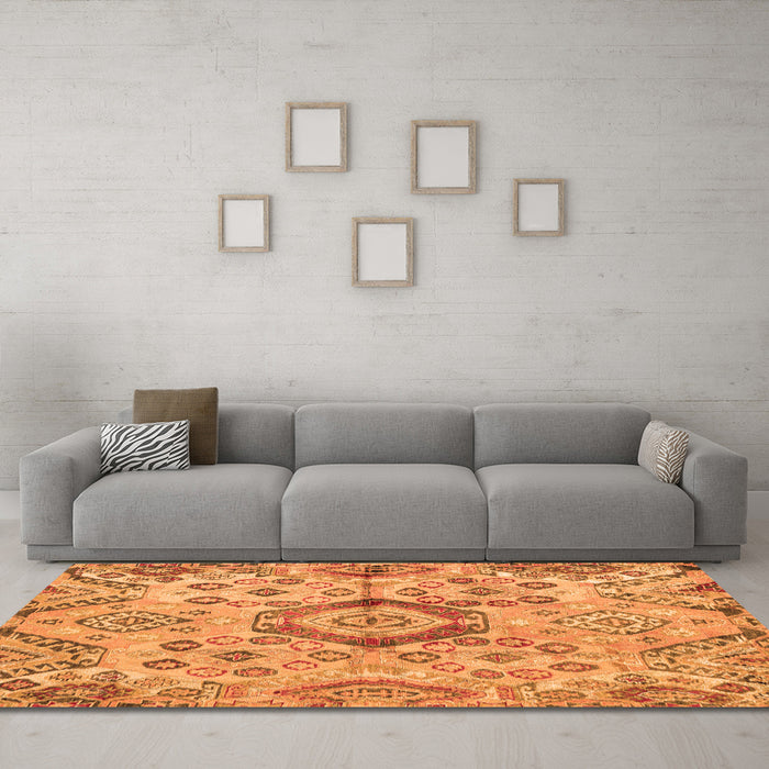 Machine Washable Abstract Orange Modern Area Rugs in a Living Room, wshabs4637org