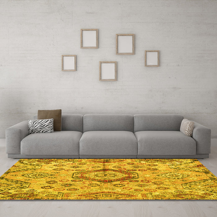 Machine Washable Abstract Yellow Modern Rug in a Living Room, wshabs4637yw