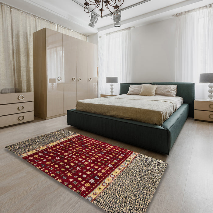 Abstract Orange Brown Modern Rug in a Bedroom, abs4638