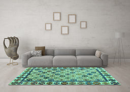 Machine Washable Abstract Turquoise Modern Area Rugs in a Living Room,, wshabs4642turq