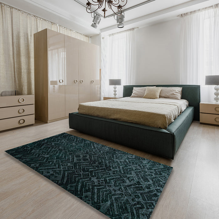 Abstract Dark Blue Grey Blue Modern Rug in a Bedroom, abs4650