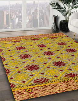 Machine Washable Abstract Saffron Yellow Rug in a Family Room, wshabs4657