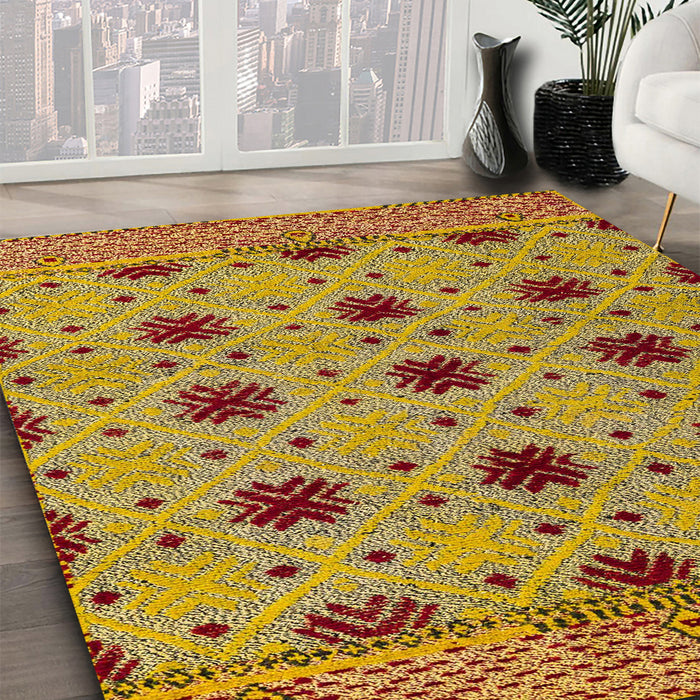 Machine Washable Abstract Saffron Yellow Rug in a Family Room, wshabs4657