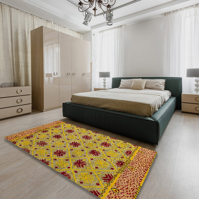 Machine Washable Abstract Saffron Yellow Rug in a Bedroom, wshabs4657