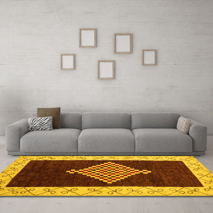 Machine Washable Abstract Yellow Modern Rug in a Living Room, wshabs4661yw