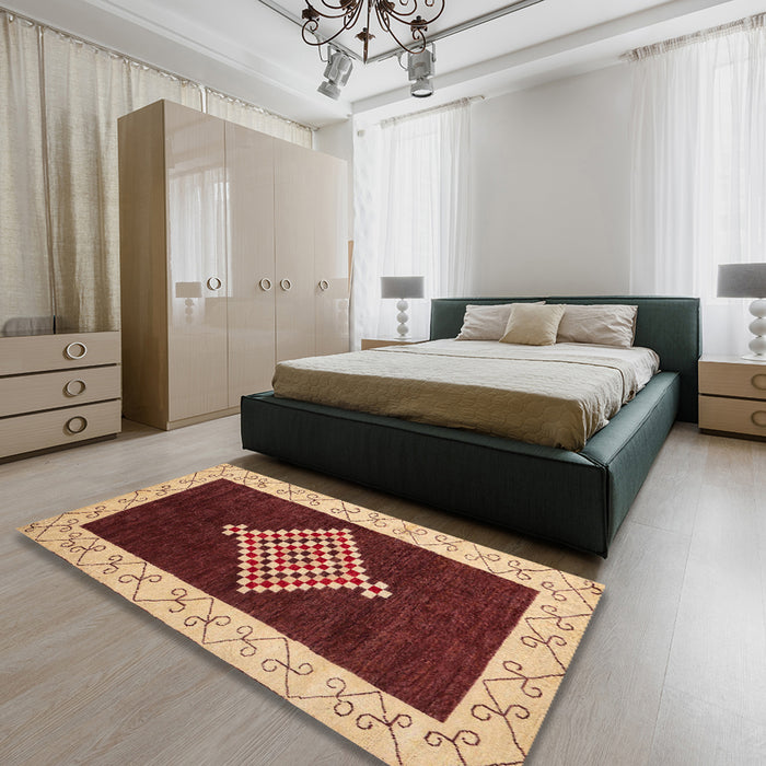 Machine Washable Abstract Saffron Red Rug in a Bedroom, wshabs4661