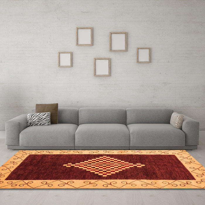Machine Washable Abstract Orange Modern Area Rugs in a Living Room, wshabs4661org
