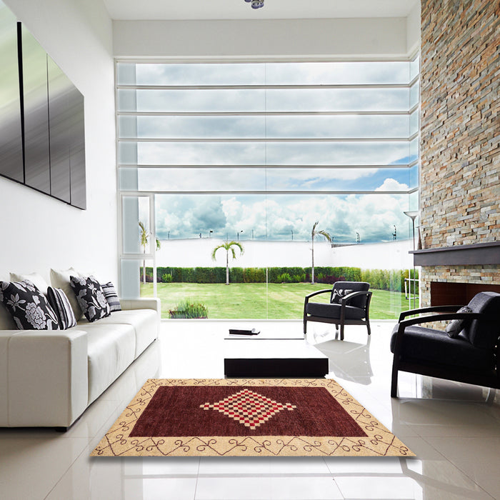 Square Abstract Saffron Red Modern Rug in a Living Room, abs4661