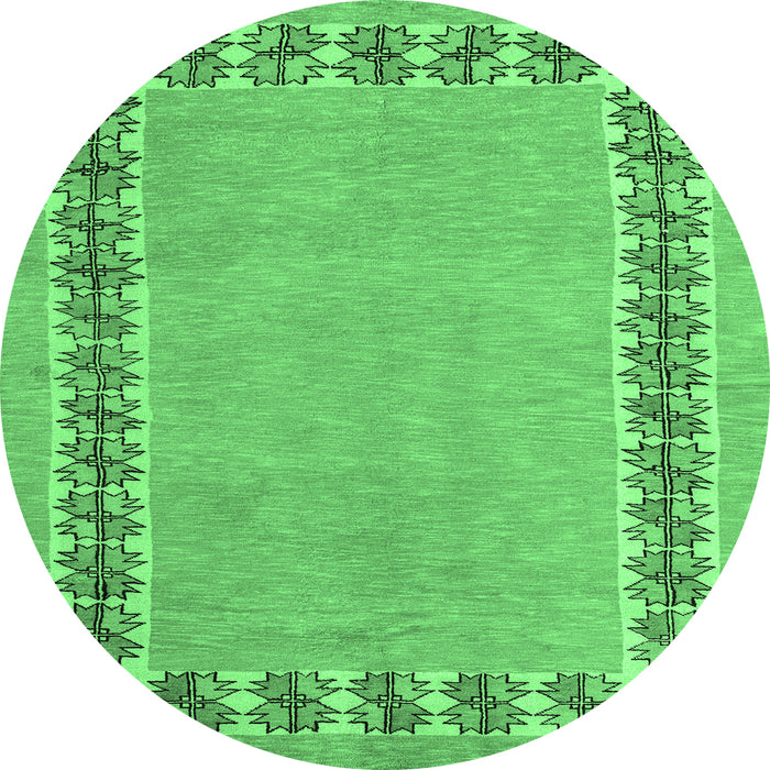 Round Machine Washable Abstract Emerald Green Modern Area Rugs, wshabs4662emgrn