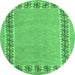 Round Machine Washable Abstract Emerald Green Modern Area Rugs, wshabs4662emgrn