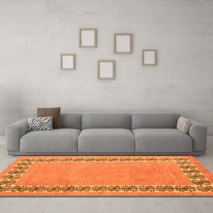 Machine Washable Abstract Orange Modern Area Rugs in a Living Room, wshabs4662org