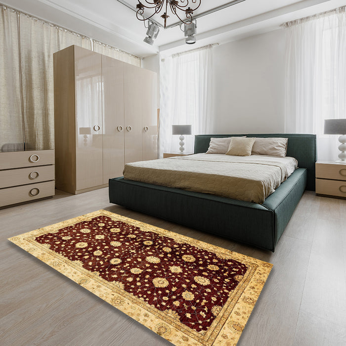 Abstract Orange Oriental Rug in a Bedroom, abs466