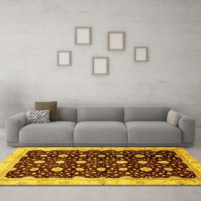 Machine Washable Oriental Yellow Traditional Rug in a Living Room, wshabs466yw